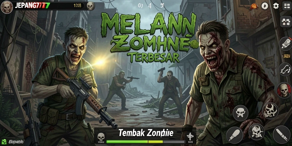 Antarmuka JEPANG77 menampilkan pertempuran seru melawan zombie.